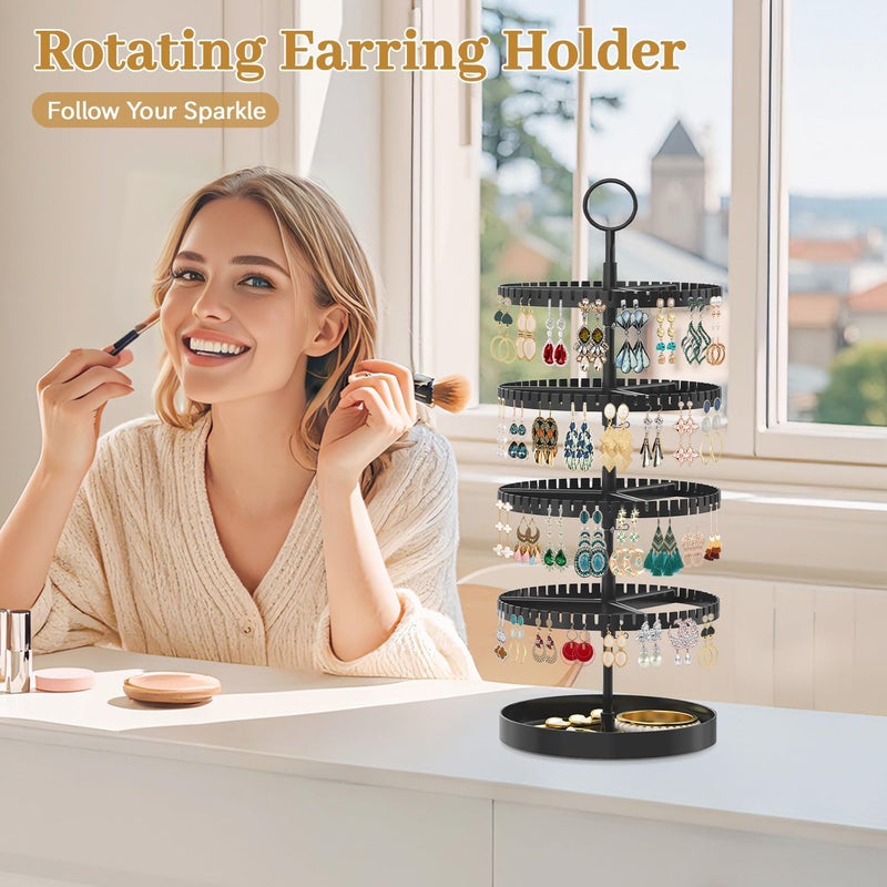 MODOWEY 4 Tier Rotating Earring Holder Organizer Display Tree with Metal Tray, Adjustable Plastic Stand with 228 Slots for Stud Hoop Hanger, Large Capacity Storage Rack for Women Space Saving, Black - Image 2
